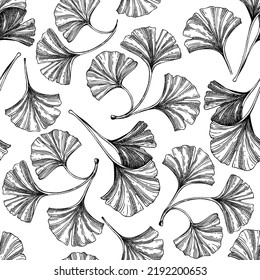 Autumn leaf seamless pattern. Ginkgo biloba drawing. Hand-drawn botanical backdrop in sketched style. Ginkgo leaves illustrations. Thanksgiving background. Fall design for fabrics or wrapping paper.
