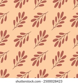 Hoja de otoño sin patrón. Dibujo a mano de hojas de color borgoña sobre un fondo beige. Ilustración vectorial para la tela, fondo, embalaje, papel de embalaje, cubierta, caso