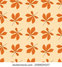 Autumn leaf seamless pattern. Hand drawing orange leaves on a beige background. Vector illustration for fabric, background, packaging, wrapping paper, cover, case