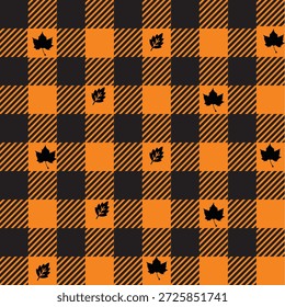 Patrón sin fisuras de la hoja del otoño en el fondo a cuadros naranja y negro del búfalo
