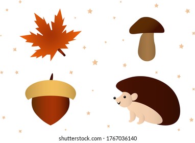 Autumn leaf set. Hedgehog, maple leaf, mushrooms and acorns. Vector illustration