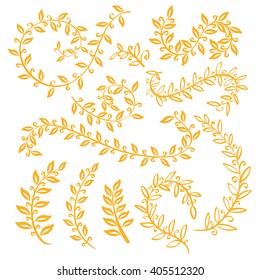 Autumn leaf set. Set wreaths and laurel. Hand painted orange branches, leaves, leaf, petal decor elements. For design template, invitation. Hand sketched brushes texture. Nature, organic items. Vector