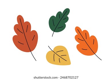 Autumn leaf set. Yellow, orange, red and green oak and birch leaves collection. Fall tree foliage, dry seasonal plants, design elements. Flat vector illustration isolated on white background