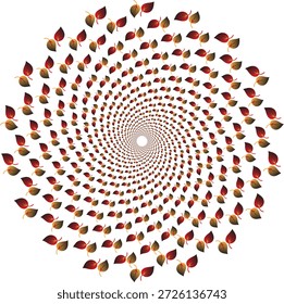 Folha de outono padrão de mandala espiral com um vórtice sem costura de folhas de gradiente vermelho e ouro outono, arranjado em uma simetria de mandala radial em um fundo branco para convites de festival de queda sazonal, embalagem de chá de ervas orgânicas e têxteis domésticos botânicos