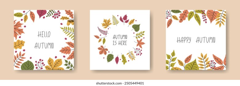 Autumn Leaf square backgrounds set. Hand drawn Falling leaves frame border wreath. Doodle foliage illustration. Template for sale advertising banner card social media design. Hand lettering