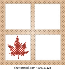 Autumn leaf with square lace frames for photos or text, scrapbook background, vector format.