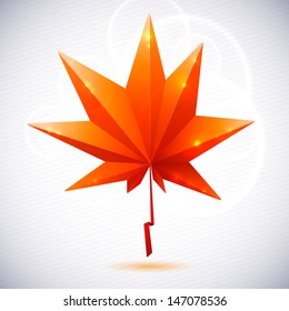 Autumn leaf of a tree origami. The folded colored paper on a white background. Glowing stars and stripes in the background.