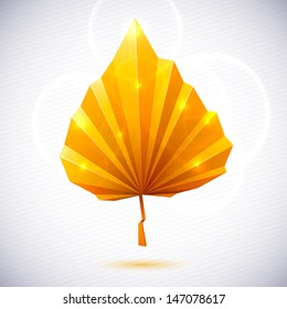 Autumn leaf of a tree origami. The folded colored paper on a white background. Glowing stars and stripes in the background.