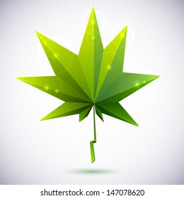 Autumn leaf of a tree origami. The folded colored paper on a white background. Glowing stars and stripes in the background.