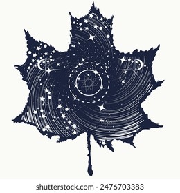 Autumn leaf and Universe. Poetic tattoo. Symbol of inspiration, spiritual search, creativity. Sacred geometry. T-shirt design art