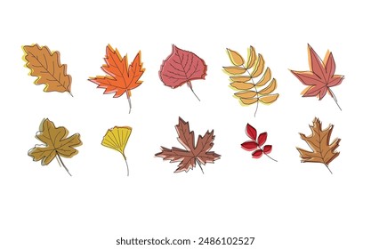 Hoja de otoño cálido conjunto de Lineart aislado elemento colorido para decorar el día de acción de gracias de vacaciones