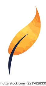 Autumn leaf with watercolor texture vector illustration isolated on transparent background. Abstract narrow foliage element. Orange color. Flat style clip art