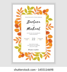 Autumn Leaf Wedding Invitation Card Template With Golden Fall Season Illustration