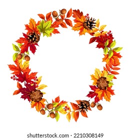 Autumn leaf wreath with colorful autumn leaves, pinecones, and rowanberries. Greeting or invitation card design. Vector circle frame