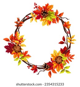 Autumn leaf wreath with colorful autumn leaves, pine cones, and rowanberries. Greeting or invitation card design. Vector circle frame