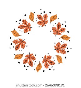 Autumn leaf wreath illustration with colorful orange leaves arranged in a circular frame on white background.  