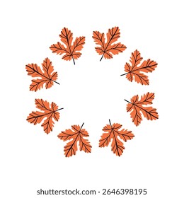 Autumn leaf wreath illustration with colorful orange leaves arranged in a circular frame on white background.  