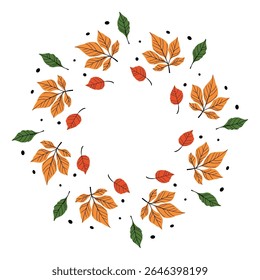 Autumn leaf wreath illustration with colorful red, orange, and green leaves arranged in a circular frame on white background.  