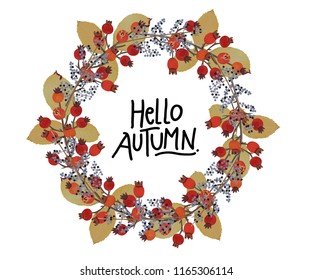 Autumn leaf wreath and seasonal fall greeting vector design for wedding invitations, greeting cards, and sale banner.