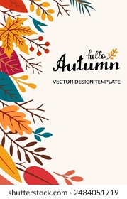 Autumn leaflet with Hello Autumn lettering and foliage. Advertising poster, banner, leaflet. Fall foliage in doodle style. Cartoon illustration. Cartoon flyer with handwritten calligraphy.