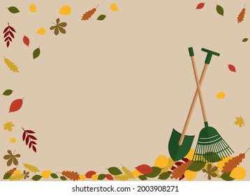 Autumn leaflet illustration featuring leaves, rake and shovel