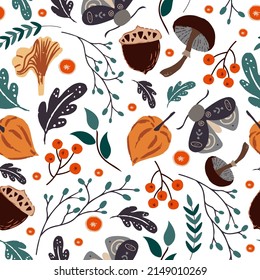 Autumn leafs, brunces, mushrooms, acorns, berries and vegetables seamless pattern. Cute autumn colorful elements and decorative graphic design. Hand drawn vector fall season background