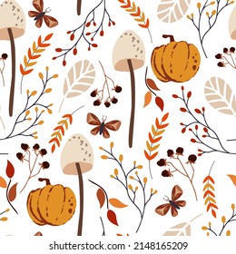 Autumn leafs, brunces, mushrooms, berries and vegetables seamless pattern. Cute autumn colorful elements and decorative graphic design. Hand drawn vector fall season background