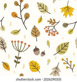 Autumn leafs and flowers seamless doodle pattern. Texture for fabric, textile, paper, wrupping, apparel, bed, pillow.