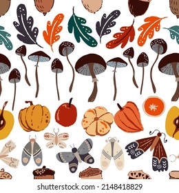 Autumn leafs, mushrooms, moths and vegetables seamless pattern. Cute autumn colorful elements and decorative graphic design. Hand drawn vector background