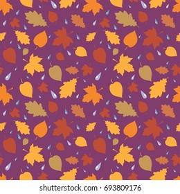 Autumn leafs pattern on violet background. Vector illustration
