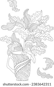 autumn leafy branch in a decorative pattern cup. coloring book page for adults and children