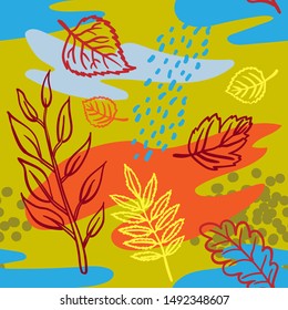 Autumn leave, forest and rain seamless vector pattern. Yellow, orange, green, blue and red colors.
