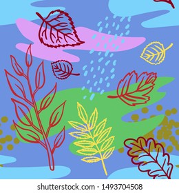 Autumn leave, forest and rain seamless vector pattern. Yellow, lilac, green, blue and red colors.