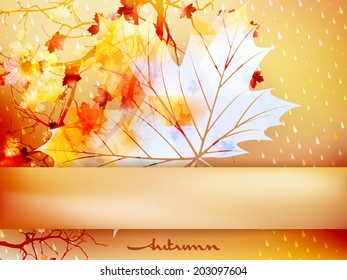 Autumn leave made of triangles, geometric shapes with raindrops background. And also includes EPS 10 vector