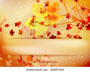Autumn leave made of triangles, geometric shapes with raindrops background. And also includes EPS 10 vector