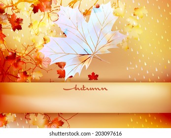Autumn leave made of triangles, geometric shapes with raindrops background. And also includes EPS 10 vector