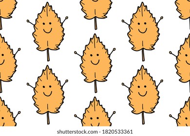 Autumn leave seamless pattern. Cute cartoon orange autumnal garden leaf, fall leaf and fallen dry leave. Doodle botanical forest plant or september october tree foliage. For your fabric, textile