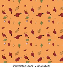 Autumn leave seamless pattern in nature tone orange, yellow and brown colors