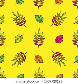 Autumn leave seamless vector pattern. Blue, pink, yellow, orange and black background.