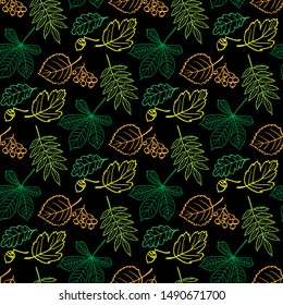 Autumn leave seamless vector pattern. Green, black, yellow and orange background.