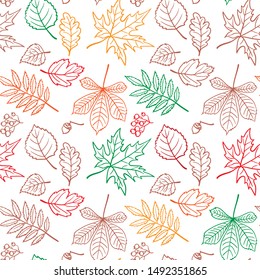 Autumn Leave Seamless Vector Pattern. Green, Red, Brown, Orange And White Background.