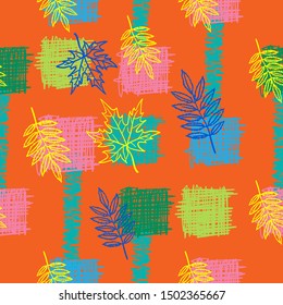 Autumn leave seamless vector pattern. Green, pink, blue, orange, yellow background.