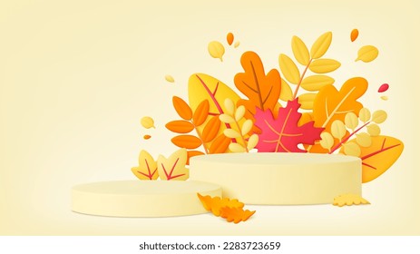 Autumn leaves 3d empty podium background. Fall welcome, decorative trendy banner for sale, thanksgiving day or harvest, pithy vector template