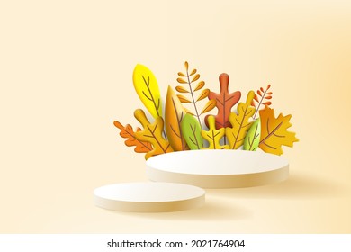 Autumn leaves 3D yellow, red, brown, orange colors. Fall bouquet, pedestal, stage, for background product presentation. Minimal 3d render plasticine, vector illustration banner, poster