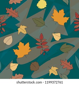 Autumn leaves with abstract elements on the deep green background. Seamless vector pattern is good for any type of prints
