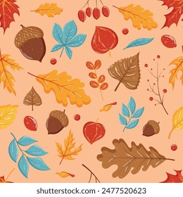 Autumn leaves, acorn and branches seamless pattern vector in hand drawn style