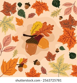 autumn leaves and acorn nuts background digital painting illustration