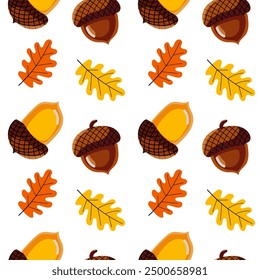 Autumn leaves and acorns cartoon vector illustration. Oak, acorn, tree leaves.