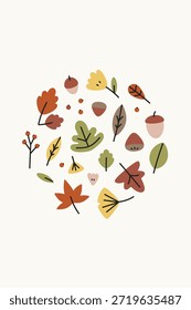 Hojas de otoño y bellotas en un patrón circular. Diseño de temática otoñal con hojas, bellotas y bayas. Simple, colorida ilustración de otoño. Vector de fondo de dibujo de hojas coloridas.