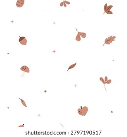 Autumn leaves and acorns falling on white background with mushrooms and stars.